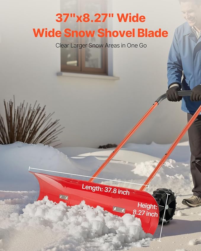 VEVOR 38-inch Snow Pusher Shovel with Wheels, Bi-Directional Heavy Duty Wheeled Push Snow Shovel for Driveway and Sidewalks with Angeled Blade
