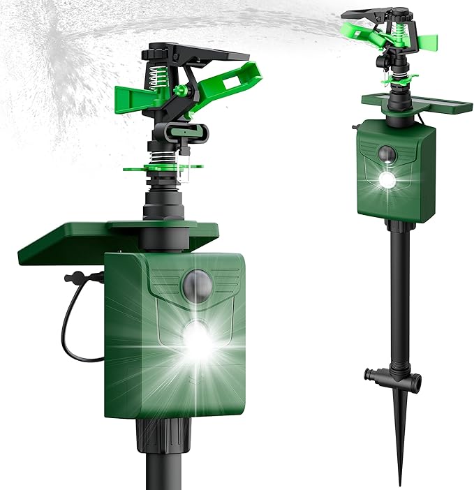 Motion Activated Animal Repeller with Water Sprinkler and Flashing Light, Solar Powerd Deer Cat Repellent Outdoor Deer Deterrent - Keep Rabbits Shunks Dog Raccoons Birds Away from Lawn and Garden