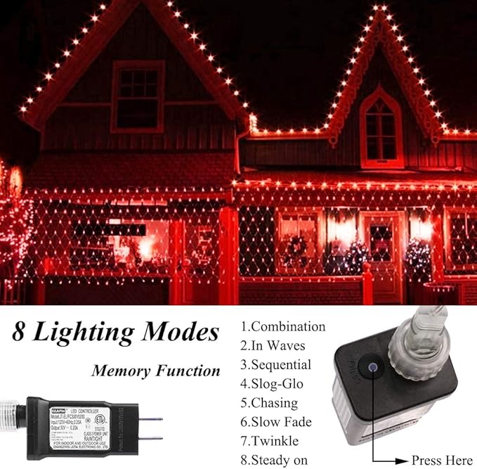 Net Light Christmas Lights Red, 240 LED Tree Mesh Lights Outdoor Plug in Hanging String Lights for Xmas, Halloween, Garden, Walkway, Bushes Decor-9.8ft x 6.6ft(Red)