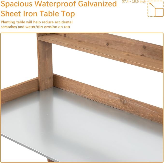 Folding Potting Bench Table,Outdoor Potting Bench Garden Wooden Potting Table,Fir Wood Workstation Planting Table with Galvanized Tabletop,2 Tier Storage Shelves,Top Shelf(Brown)