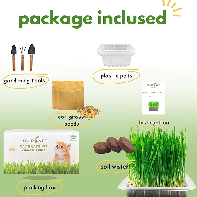 Cat Grass Kit for Indoor Cat, Organic Grass Growing Kit with Seeds, Soil and Planting Tools, Quick Germination, Perfect for Beginners, 3-Pack Plastic Pots