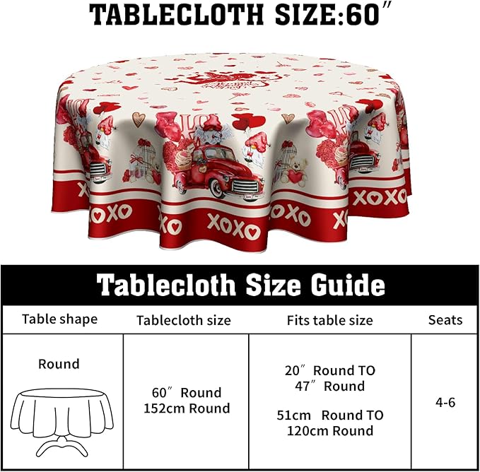 Valentines Round Tablecloth 60 Inches, Happy Valentine's Day Red Truck Table Cloth,Valentine Gnomes Love Hearts Cupid Table Cover for Wedding Anniversary, Proposals, Kitchen, Dining, Party Decor