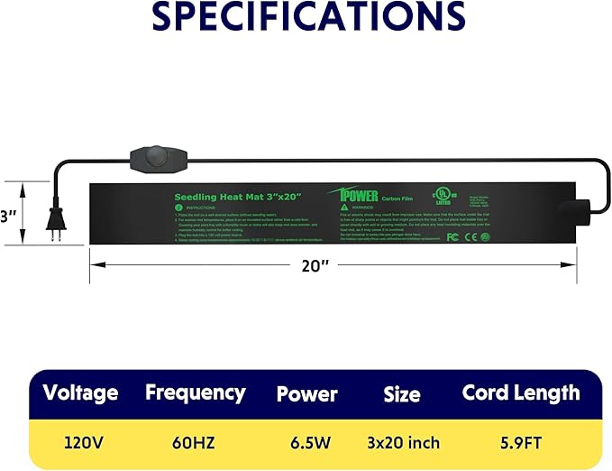 iPower Durable Seedling Heat Mat Warm 3" x 20" - 2 Pack with Temperature Adjustable Knob Hydroponic Heating Pad Waterproof for Seed Starting Greenhouse and Germination