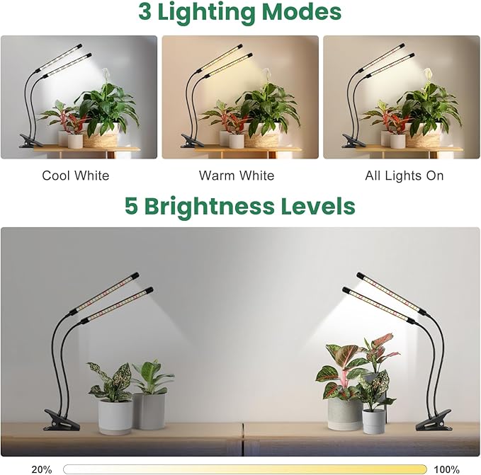 Garpsen Grow Lights for Indoor Plants, 2 Heads Full Spectrum LED Plant Grow Lights, 40 LEDs Clip on Plant Light for Small Plants with Auto on/Off Timer Setting(6/12/16H), 5 Level Dimmable