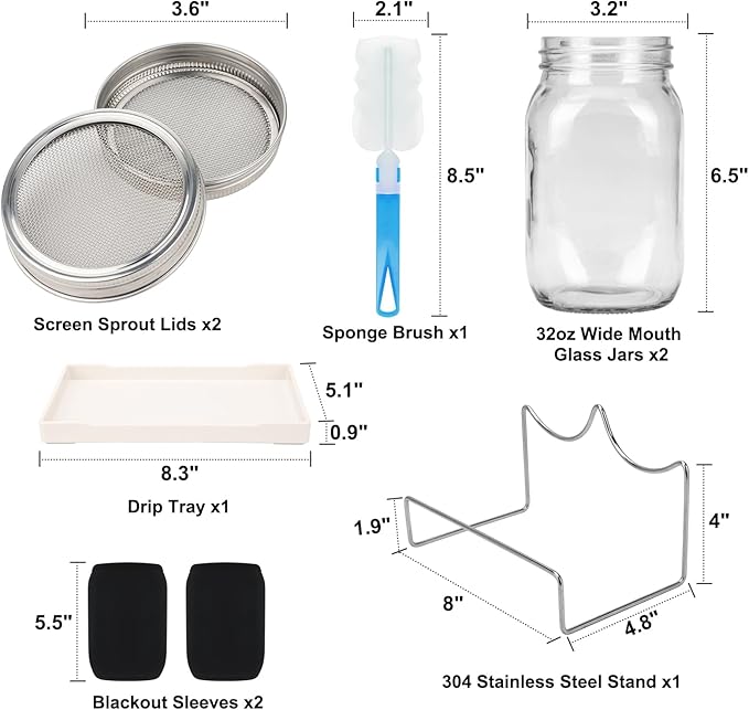 Lulonpon Sprouting Kit, 2 Sprouting Jar Kits, Wide Mouth Quart Mason Jars with Stainless Steel Screen Sprout Lids,1000ml Sprouts Growing Kit, Seed Sprouter Set for Growing Broccoli, Bean, Alfalfa