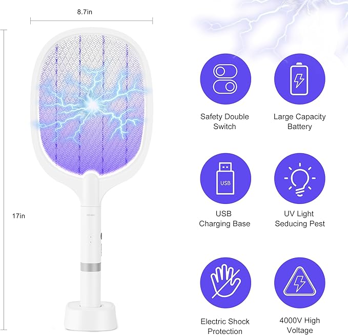 Electric Fly Swatter Racket, 4000V Bug Zapper Racket Rechargeable Fly Zapper Dual Modes Mosquito Swatter Portable with Purple Light & 3-Layer Safety Nets for Indoor & Outdoor, 1 Pack