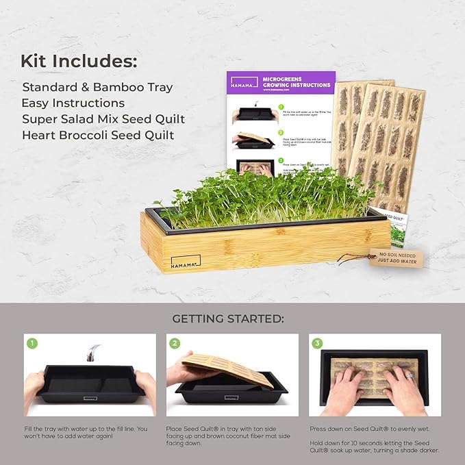 HAMAMA Microgreens Growing Kit Broccoli & Salad - Indoor Sprouts Mat - Seed Quilts Easy Setup Pack of 2 - Plastic Tray and Bamboo Frame