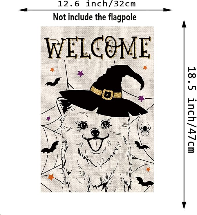 Halloween Garden Flag Pomeranian Cobweb Bats Double Sided Vertical Welcome Flag Seasonal Holiday Outdoor Yard Lawn Party Decorations 12.5 x 18 Inch