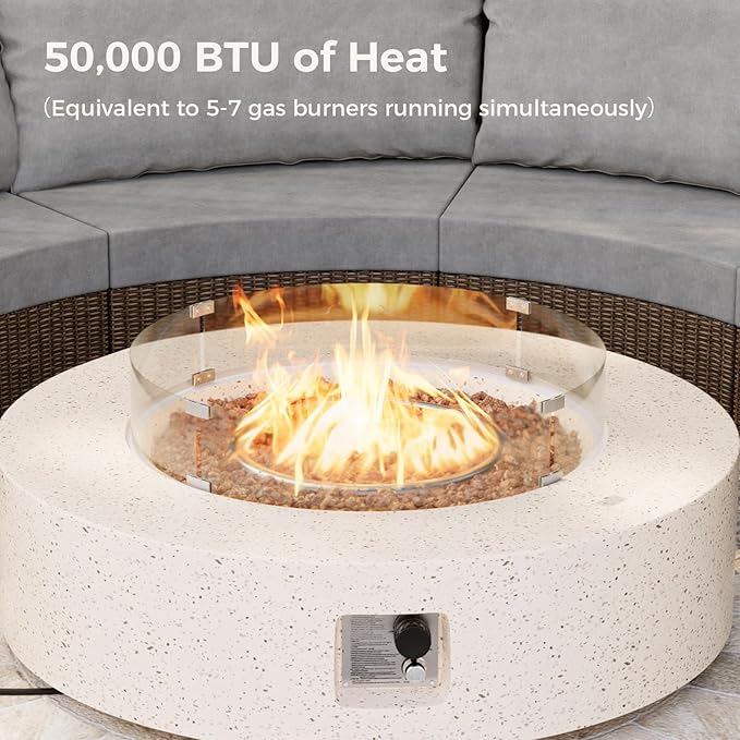 SUNBURY Outdoor 42 Inch Propane Fire Pit Table, 50000 BTU Spotted White Patio Gas Fire Table w Glass Wind Guard, Tank Table, Lava Rocks