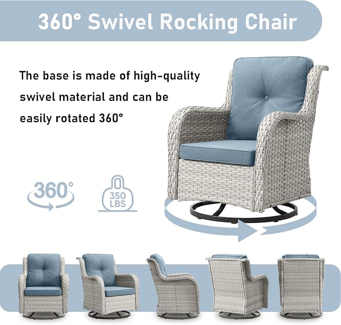Wicker Outdoor Conversation Set-6 Pieces Outdoor Wicker High Back Couch with Swivel Rocker Chairs Patio Furniture for Deck Poolside Backyard-Light Grey/Light Blue