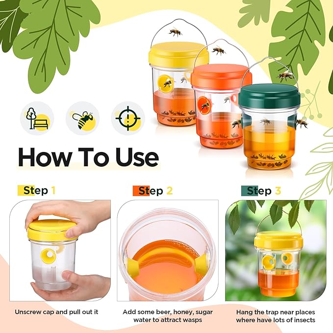 Qualirey 3 Pcs Wasp Traps for Outdoors Wasp Killer Hanging Bee Traps Reusable Fly Bee Killer for Indoor Outdoor Patio Garden Home (Yellow,Green,Orange)