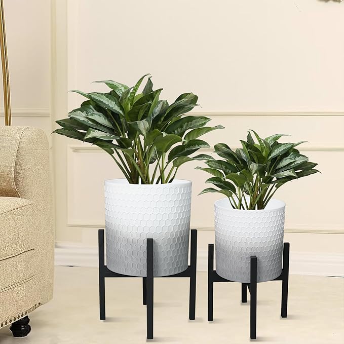 10 & 12 Inches Planters with Metal Sand for Indoor Plants Set of 2,Decorative Plant Pots with Holder, Outdoor Flower Pots with Legs, Modern Garden Pot with Drainage Holes for Snake Plant, House plants