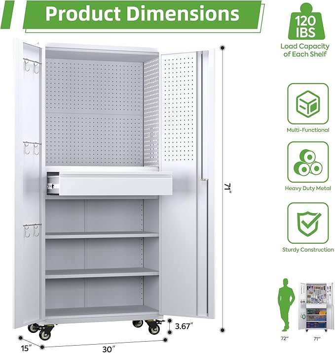 71" H Metal Garage Storage Cabinet with Wheels and Doors,Rolling Tool Cabinet with Pegboard,Rod and Drawer for Garage Warehouse Home,Required Assembly,White