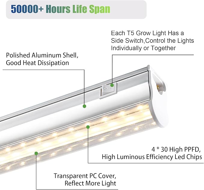 Indoor Plant Grow Light, Warm 3000K Full Spectrum LED Grow Lamp, 1FT T5 4-Pack Plant Grow Light with Side Switch, Suitable for Greenhouse Seed Starting, Vegetables, Plug and Play