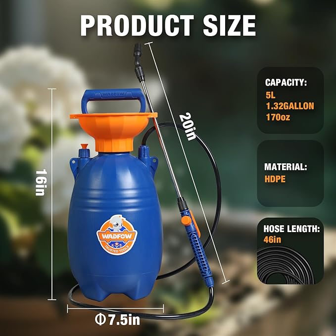 WRS1550 1.32 Gallon Pump Pressure Sprayer, Lawn & Garden Water Spray Bottle for Pests Controlling, Garden Watering and Household Cleaning