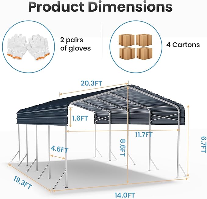 12x20' Heavy Duty Metal Carport – Sturdy Structure, All-Weather Protection, Easy Assembly for Cars, Trucks, Boats, Tractors, and Outdoor Storage (Grey, 12x20FT)