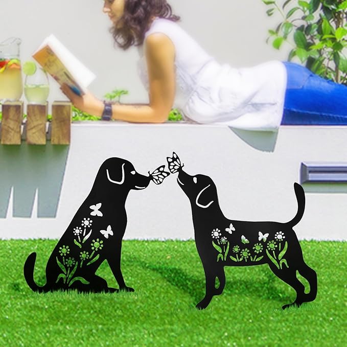 Decorative Garden Stakes - 2 Pack 15" Rust-Resistant Metal Dog Silhouette Outdoor Decor, Corten Steel Puppy Yard Art with Easy Installation for Gardens, Patios & Walkways (Black Lab Design)