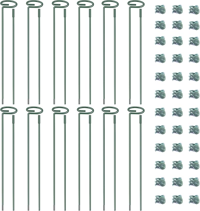 4.5mm Adjustable Length Plant Stake, Assembled (12 or 24 inch) Outdoor and Indoor Plant Support Poles for Flowers Marigolds Tomatoes Lilies Peonies Roses Daffodils Flower Clips (12 Sets, 36 Pcs)