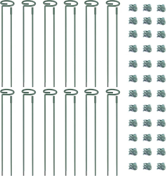 4.5mm Adjustable Length Plant Stake, Assembled (12 or 24 inch) Outdoor and Indoor Plant Support Poles for Flowers Marigolds Tomatoes Lilies Peonies Roses Daffodils Flower Clips (12 Sets, 36 Pcs)