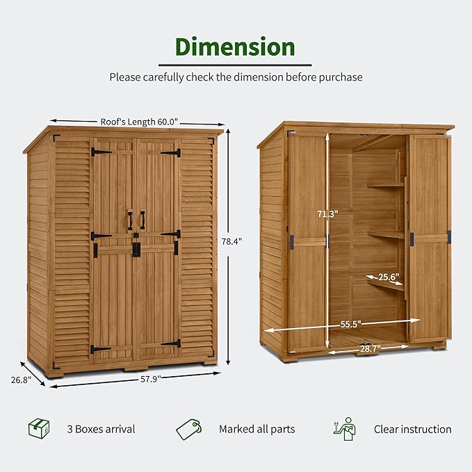 Macrout Large Outdoor Storage Cabinet with 6 Shelves (4.8 x 2.2 x 6.5 ft), Outside Storage Shed with Lock, Wooden Garden Shed for Yard Patio Lawn, 1738 (Natural)