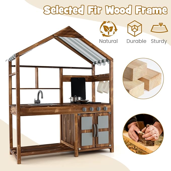 HONEY JOY Mud Kitchen with Canopy, Fir Wood Play Kitchen for Toddlers, Garden Sink, Stoves, Chalkboard, Storage Cabinet, Flowerpot, Outside Kitchen Playset, Mud Kitchen for Kids Outdoor Backyard