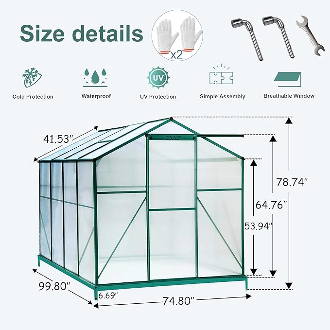 8x6 FT Greenhouses for Outdoors, Outside Heavy Duty Walk in Green House for Garden Plants, UV Protection Adjustable Roof Vent, Thermostatic Waterproof and Insect Resistant, Green