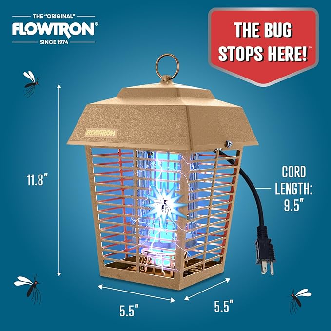 Flowtron Electric Bug Zapper 1/2 Acre Outdoor Insect Control with Dual Lure Method, 15W UV Light & Octenol Attractant for Fly & Mosquito, 5600V Kill Grid, Made in USA, UL Certified - Tan Color