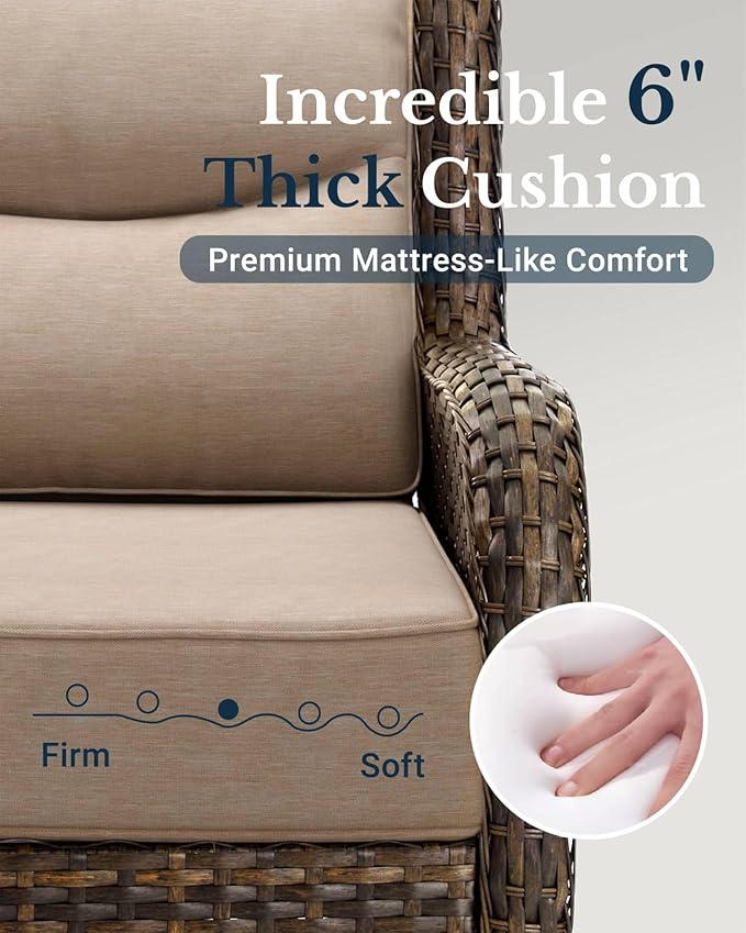 HILLGA Luxury High Back Patio Furniture Set with 6-Inch Thick Cushion, 5-Piece Outdoor Conversation Set with Loveseat, Swivel Rocker Chairs & Ottomans, Ideal for Porch Pool Deck Yard (Beige)