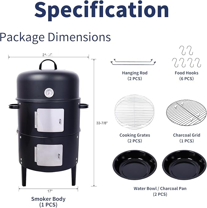 17 inch Vertical Charcoal Smoker, BBQ Grill, Fire Pit, 3-in-1 with Built-in Thermometer, Adjustable Air Vent, Idea for Parties, Backyard, Patio, Camping