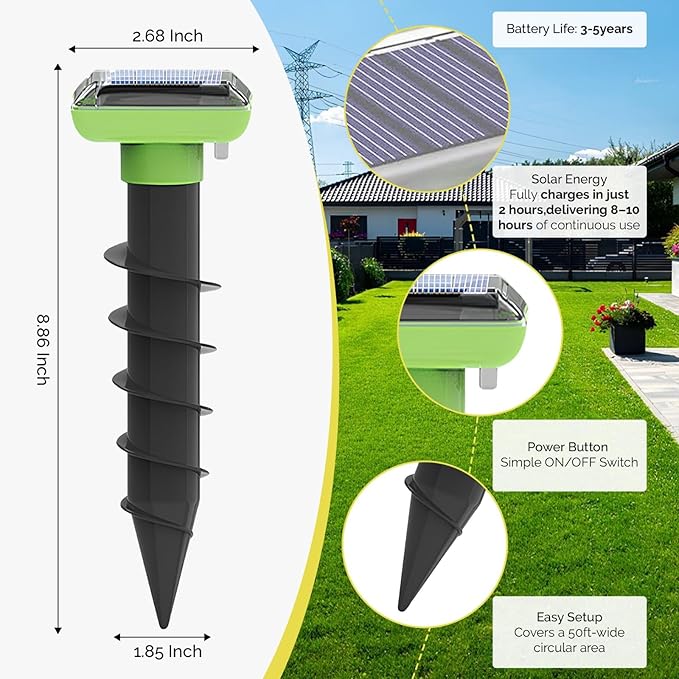 Solar Garden Device – 4 Pack, IP66 Waterproof, Solar Rechargeable, Covers up to 75 sq. ft., Quick 2-Hour Charge, 8–10 Hours Operation, Weather-Resistant Lawn & Garden Spikes – EPA No. 94623
