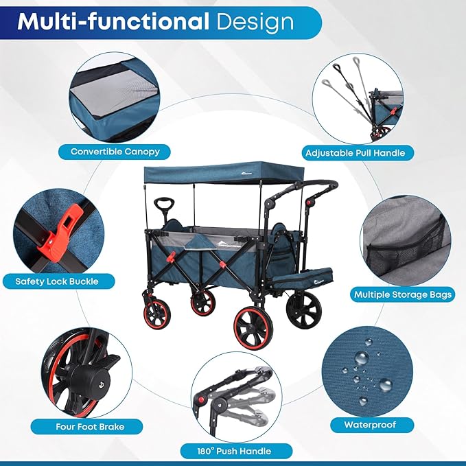 Collapsible Canopy Wagon, Foldable Wagon Stroller with 330LBS, Heavy Duty Cart with Shock-Absorbing Wheels, Adjustable Push Pulling Handles for Camping, Garden, Sports, Shopping, Blue