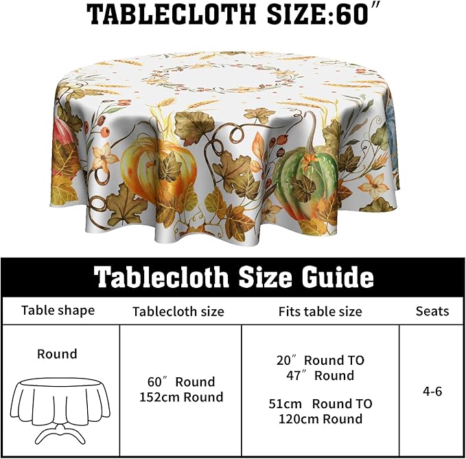 Giwawa Fall Round Tablecloth, Harvest Table Cloth 60 inch, Halloween Table Cover for Fall Picnic and Thanksgiving Party, Maple Leaves and Pumpkin Decorations
