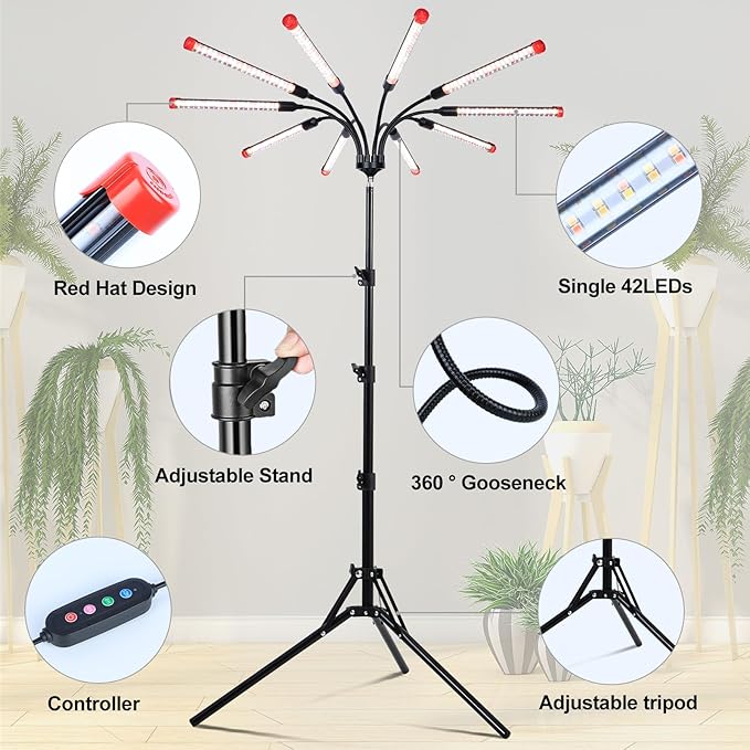 10Head Grow Lights for Indoor Plants, Seed Starting, Vegetables, Bonsai with Tripod Stand and Auto On/Off Timer 4/8/12H, 90W Power Full Spectrum Standing LED Plant Growing Lamps, 360° Gooseneck
