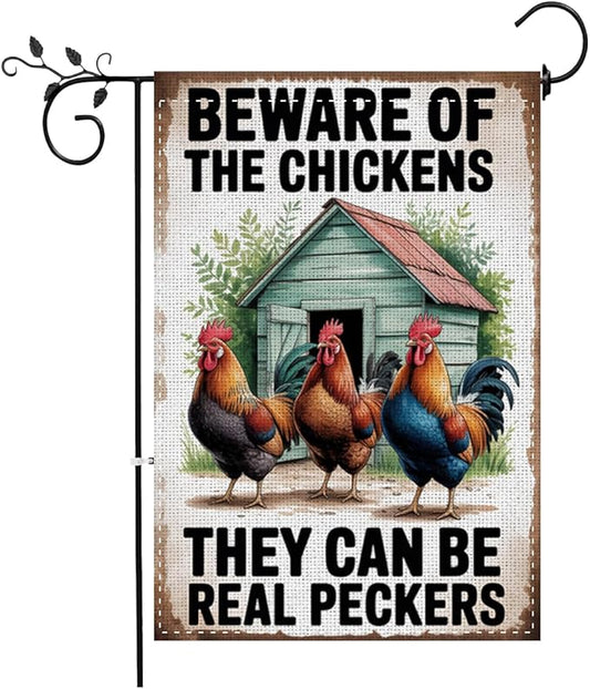 Fokongna Funny Garden Flag, Beware Of The Chickens Farm Funny Chicken Garden Flag, 12x18 Inch Burlap Vertical Double Sided Flags, for Home Yard Outside Decorations