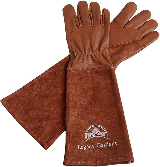 Leather Gardening Gloves for Women & Men, Long Garden Gloves, Cowhide Gauntlet Rose Pruning Thorn Resistant, Forearm Protection, Large, Brown