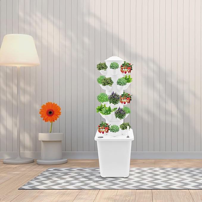 Hydroponics Growing System, 25-Plants Hydroponic Growing Kit Indoor Vertical Tower System Kit with Water Pump & Plug Nursery Germination Kit for Gardening Lover (White)