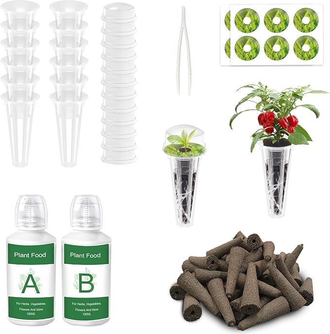 51Pcs Hydroponic Pods Kit: Compatible with Aerogarden Hydroponics Growing System Kit, 12 Grow Baskets, 12 Pod Labels, 12 Grow Domes, 12 Grow Sponges, with 200ml Plant Food Nutrient,1 Tweezers