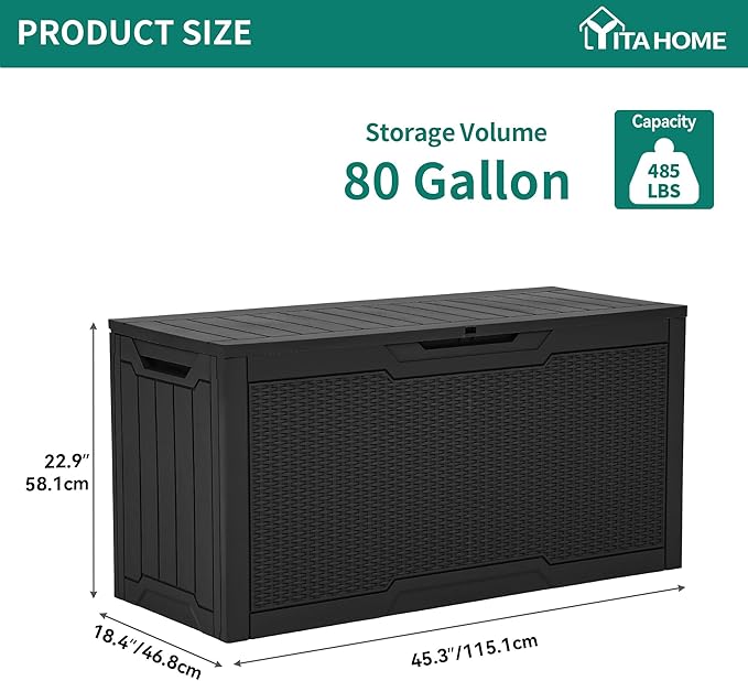 YITAHOME 80 Gallon Outdoor Storage Box, Large Water Resistant Resin Deck Box, Indoor Outdoor Lockable Rattan Storage Container for Patio, Garden, Cushions, Tools, Equipment (Black)