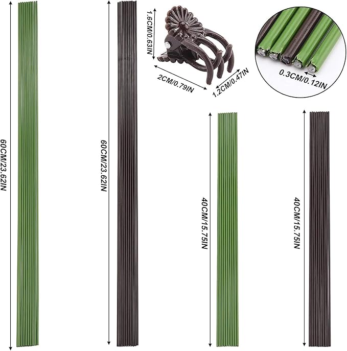 10PCS Garden Metal Plant Stakes with 15PCS Vine Fixing Clip Set, 15.75inch Tall Single Stem Flower Stakes, Bendable Plastic Coated Garden Plant Stakes Holder for Amaryllis Orchid Lily Rose(Brown 40cm)