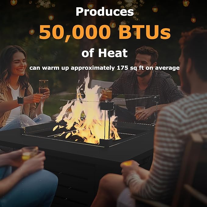 MBY 28'' Propane Fire Pit Table, 50,000 BTU Steel Gas Firepit for Outdoor Patio Deck and Garden, CSA Certified Fire Pit with Lid, Waterproof Cover, Glass Wind Guard and Lava Rock, Black