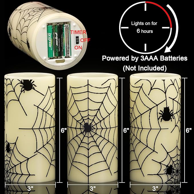 DRomance Flameless Candles Battery Operated with Timer, Set of 3 Spider Cobweb Decals Yellow Light Real Wax LED Flickering Pillar Candles Dinner Tabletop Halloween Home Decoration (3" x 6")