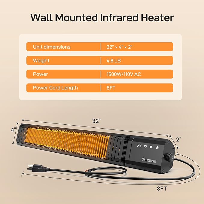 Infrared Heater 1500W with Remote, 2.5s Instant Heat & Memory Function, Electric Patio Heater 4 Heat Levels, IP65 Waterproof - Indoor/Outdoor Space Heater for Garage, Backyard, Black