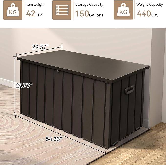 150 Gallon Large Outdoor Storage Box Metal, Waterproof Deck Box for Patio Cushion, Outside Storage Cabinet Rust/UV Resistant, Lockable Garden Tool Storage Bin for Porch Package Delivery, Brown