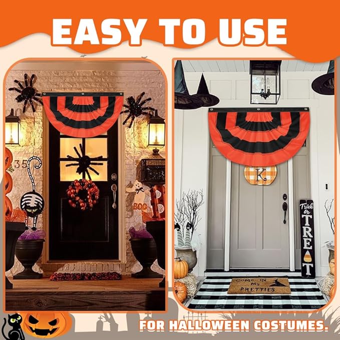 4Pack Halloween Bunting Flags 2x4ft Fully Sewn Orange & Black 5 Stripe Pleated Half Fan Flag Banner Trick or Treat Happy Halloween Party Decor Outside Porch Yard Garden Indoor Wall