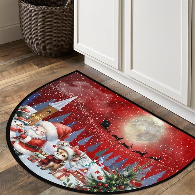 Christmas Half Round Door Mat, Merry Christmas Snow Scene Santa Elk Semicircle Door Mats, Non Slip Area Rug Soft Doormat for Indoor Entrance Wear Resistant Welcome Mat for Garage Patio Home 24 x 36 In