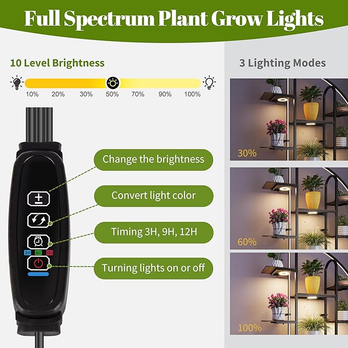 Big Plant Stand Indoor with Grow Lights and LED Light, 61”Tall Metal Plant Shelf Flower Stand for Multiple Plants, 9 Tier Moon-Shaped Plant Rack Large Display Plant Holder for Living Room Balcony