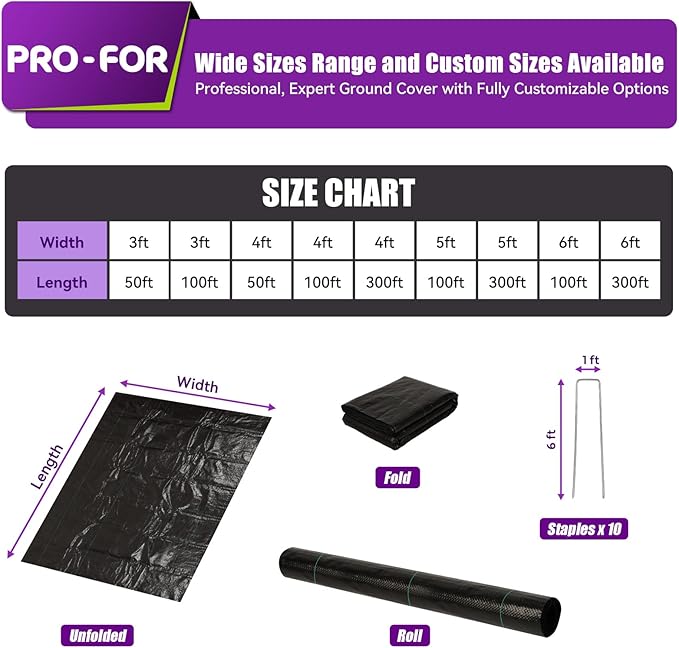 Heavy Duty Weed Barrier Fabric 3ft x 100ft, Landscape Ground Cover for Gardens & Driveways, Premium Weed Control with 10 U Shaped Staples