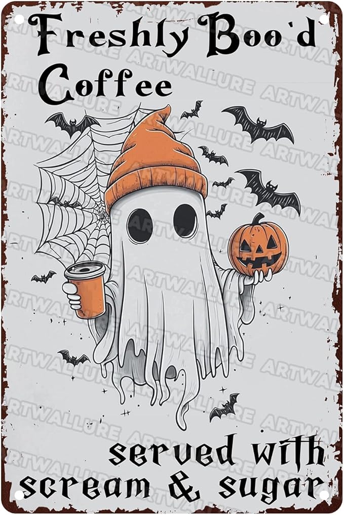 Halloween Rustic Metal Tin Sign Freshly Boo’d Coffee Vintage Fall Decor Retro Tin Plaque Kitchen Wall Art Metal Poster Home Iron Painting Wall Decor 8x12inch