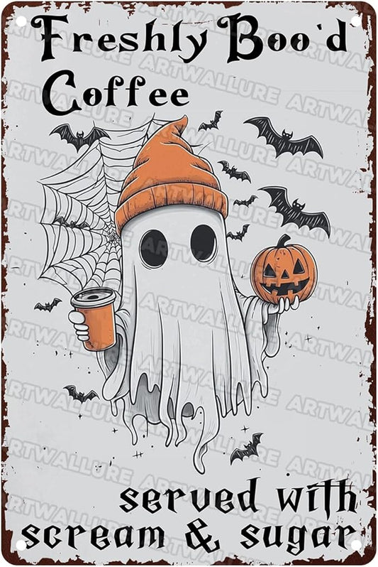 Halloween Rustic Metal Tin Sign Freshly Boo’d Coffee Vintage Fall Decor Retro Tin Plaque Kitchen Wall Art Metal Poster Home Iron Painting Wall Decor 8x12inch