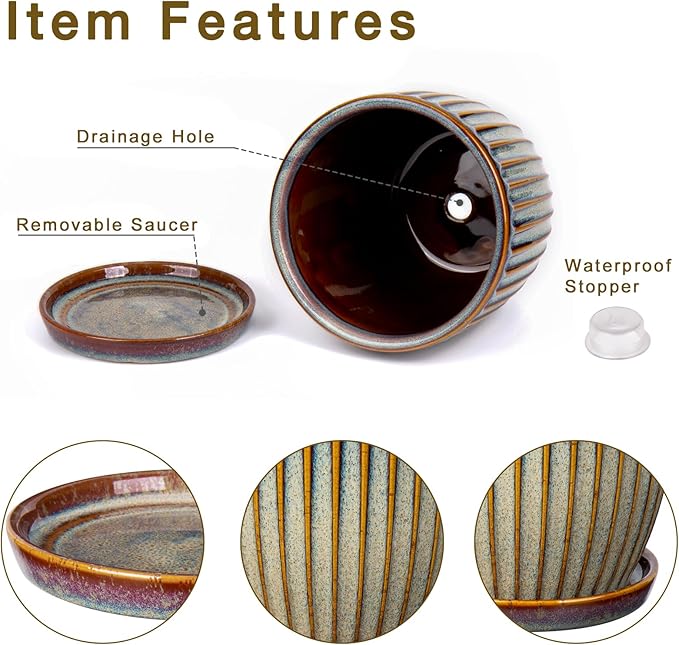 Oairse Ceramic Pots for Indoor Plants, 4.9 +5.7 inch Set of 2 Brown Plant Pots with Drainage Holes and Saucers Texture Ceramic Planters Indoor Outdoor Flower Planters for Succulent